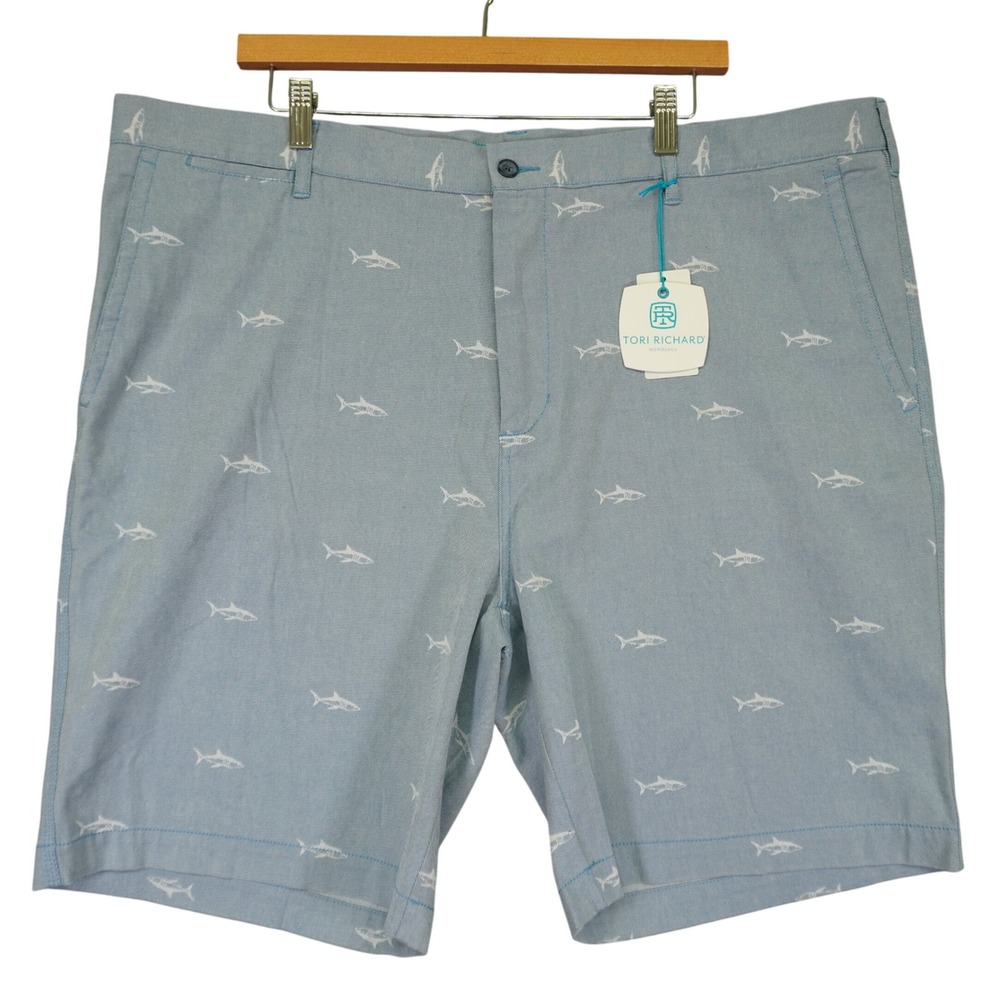 NEW Tori Richard Shorts Mens 42 (Fits 44) Blue‎ Shark Print Chambray Stretch